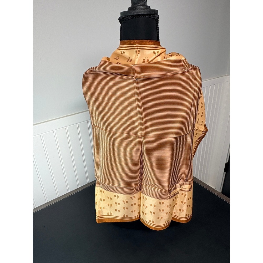 Anne Klein Vintage Silk Scarf Tan Brown Geometric Striped Square Made in Japan